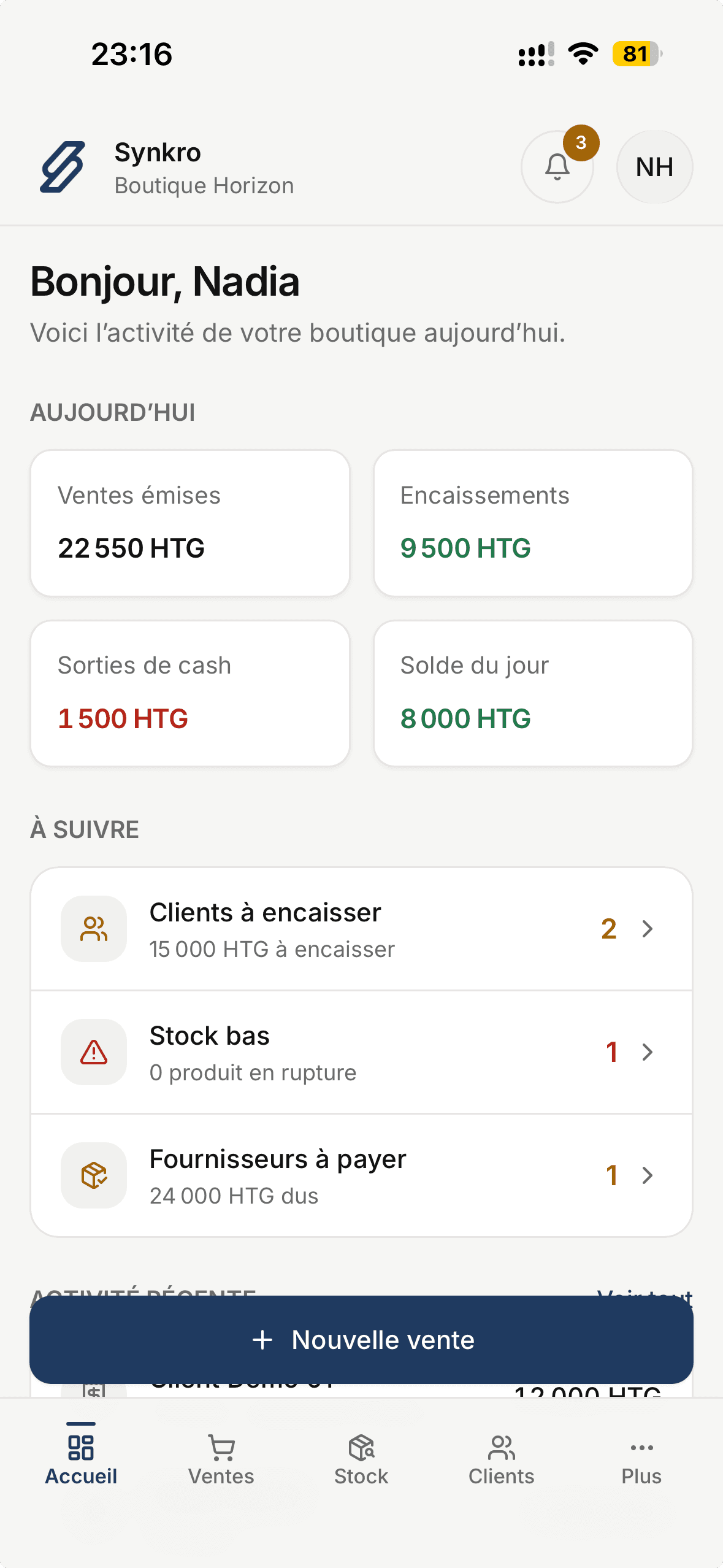 Tableau de bord mobile Synkro pour une boutique